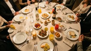 Table d’apéritif soigneusement préparée pour douze personnes avec verres, boissons variées, eau pétillante, jus de fruits et amuse-bouches.