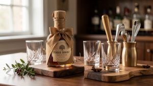Bouteille de spiritueux artisanal soigneusement emballée, présentée près d’un bar domestique équipé de verres élégants et d’ustensiles de dégustation.