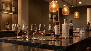 Composition élégante de whiskies chinois premium avec verres tulipe et bouteilles sans étiquette dans un bar contemporain de Shanghai, éclairé par une lumière chaude.