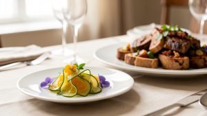 Une entrée légère composée de rubans de concombre mariné aux agrumes, d’herbes fraîches et de fleurs comestibles, servie devant un plat principal copieux.