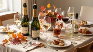 Table d’apéritif élégante de rentrée avec champagne de vigneron, vin blanc, verre de whisky, tonic artisanal et boissons sans alcool dans une lumière douce de septembre.