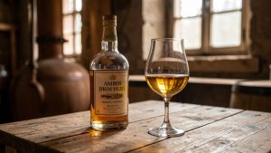 Bouteille de whiskey irlandais ambré accompagnée d’un verre tulipe rempli, posée sur une table en bois dans une ambiance chaleureuse de chai.