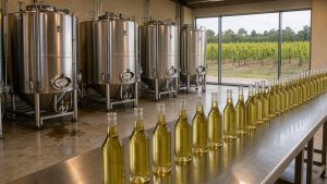 Cave viticole allemande contemporaine avec cuves en acier inoxydable et bouteilles de vin sans alcool, donnant sur un vignoble de riesling éclairé par la lumière naturelle.